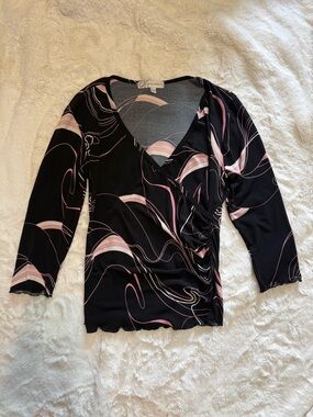 Dressbarn Black & Pink Wrap-Style 3/4 Sleeve Top